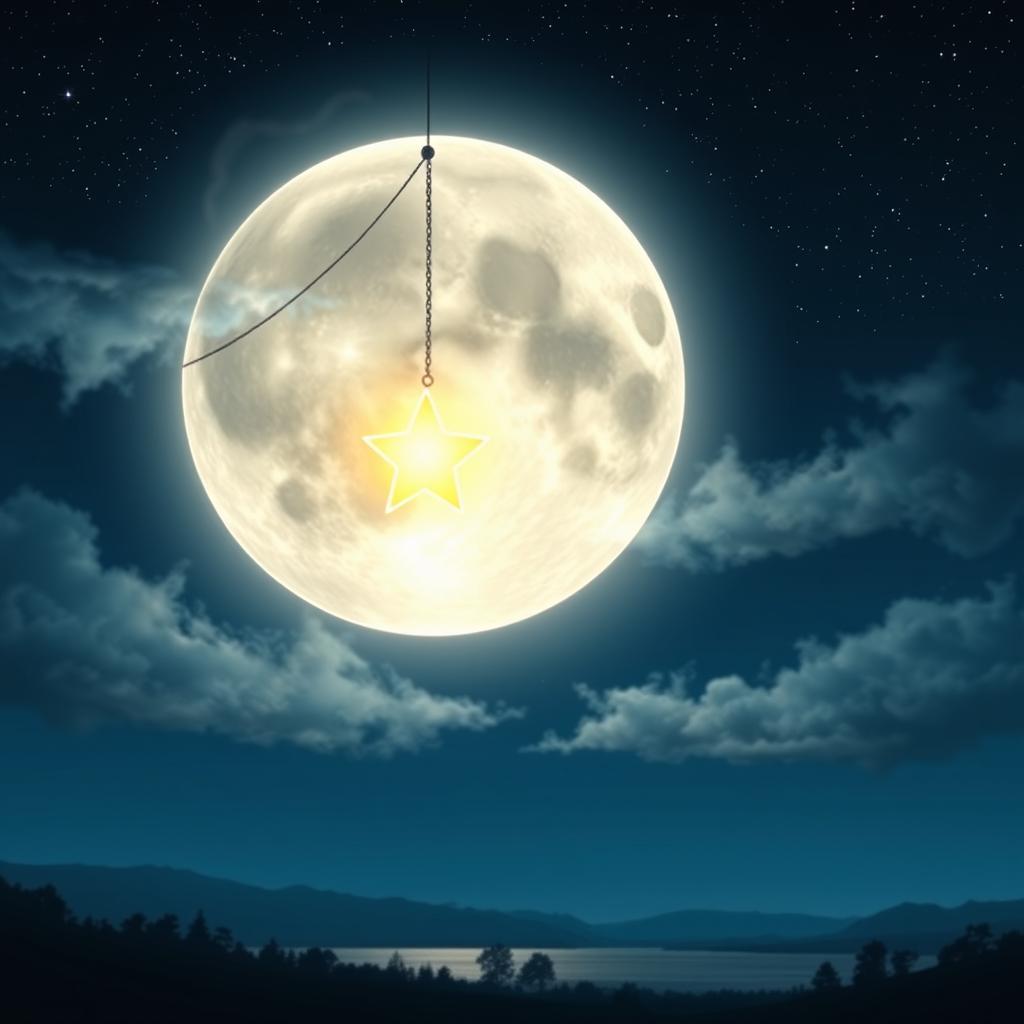 A mesmerizing scene featuring a luminous full moon with a glowing star gently hanging from it