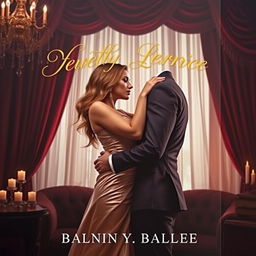 A captivating and sensual romantic book cover featuring a richly detailed background of a dimly lit luxurious room adorned with velvet curtains and candlelight