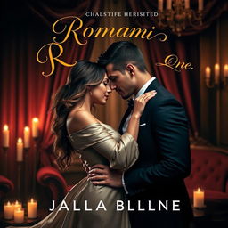 A captivating and sensual romantic book cover featuring a richly detailed background of a dimly lit luxurious room adorned with velvet curtains and candlelight