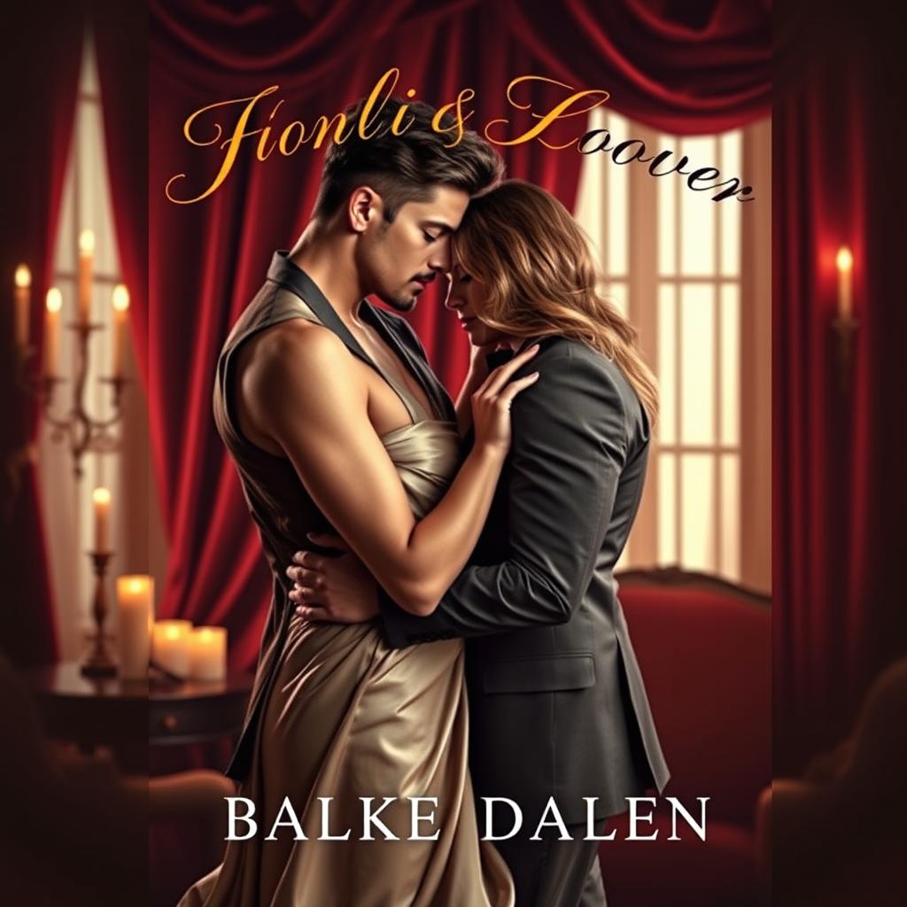 A captivating and sensual romantic book cover featuring a richly detailed background of a dimly lit luxurious room adorned with velvet curtains and candlelight
