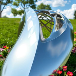 A stunning 3D rendering of a sleek steel sculpture, designed with intricate geometric patterns and reflecting light in captivating ways