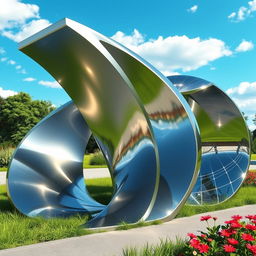 A stunning 3D rendering of a sleek steel sculpture, designed with intricate geometric patterns and reflecting light in captivating ways