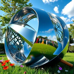 A stunning 3D rendering of a sleek steel sculpture, designed with intricate geometric patterns and reflecting light in captivating ways