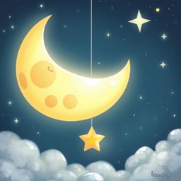 A whimsical illustration featuring a beautifully detailed half moon with a soft glow, gently suspended in a starry night sky