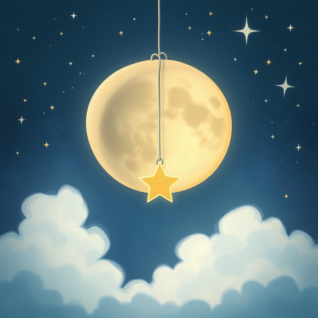 A whimsical illustration featuring a beautifully detailed half moon with a soft glow, gently suspended in a starry night sky