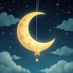 A whimsical illustration featuring a beautifully detailed half moon with a soft glow, gently suspended in a starry night sky