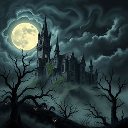 A spooky, mystical castle set on a hill under a full moon, with dark clouds swirling in the night sky