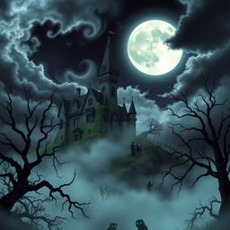 A spooky, mystical castle set on a hill under a full moon, with dark clouds swirling in the night sky