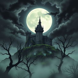 A spooky, mystical castle set on a hill under a full moon, with dark clouds swirling in the night sky