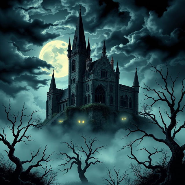 A spooky, mystical castle set on a hill under a full moon, with dark clouds swirling in the night sky