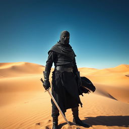 A striking image of a man with a concealed face and head, dressed entirely in black attire, holding a sword confidently in his hand