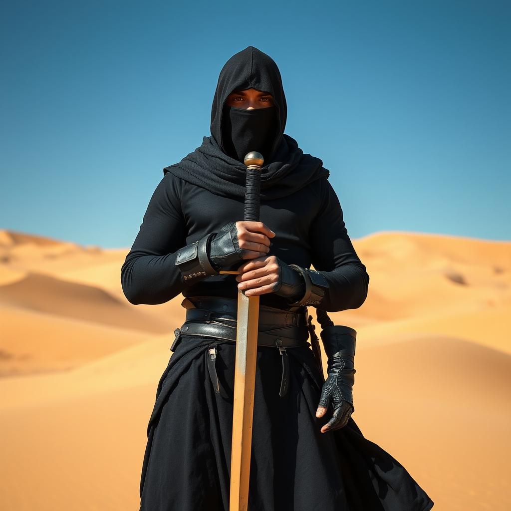 A striking image of a man with a concealed face and head, dressed entirely in black attire, holding a sword confidently in his hand