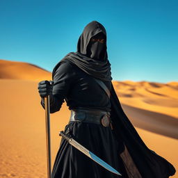 A striking image of a man with a concealed face and head, dressed entirely in black attire, holding a sword confidently in his hand