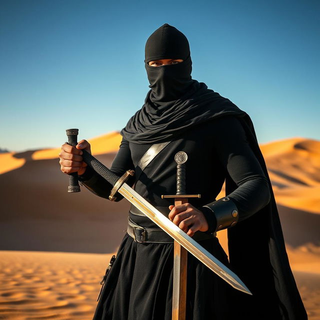 A striking image of a man with a concealed face and head, dressed entirely in black attire, holding a sword confidently in his hand