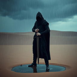 A captivating image of a man with a concealed face and head, dressed entirely in black attire, fiercely holding a sword in his hand