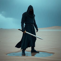 A captivating image of a man with a concealed face and head, dressed entirely in black attire, fiercely holding a sword in his hand