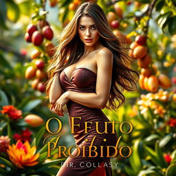 A captivating book cover for an erotic romance titled "O Fruto Proibido", featuring a beautiful, seductive woman with long flowing hair and an alluring gaze, dressed in an elegant, form-fitting dress that hints at her curves
