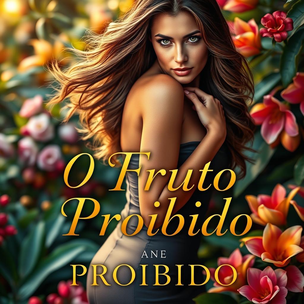 A captivating book cover for an erotic romance titled "O Fruto Proibido", featuring a beautiful, seductive woman with long flowing hair and an alluring gaze, dressed in an elegant, form-fitting dress that hints at her curves