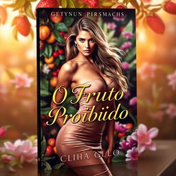 A captivating book cover for an erotic romance titled "O Fruto Proibido", featuring a beautiful, seductive woman with long flowing hair and an alluring gaze, dressed in an elegant, form-fitting dress that hints at her curves