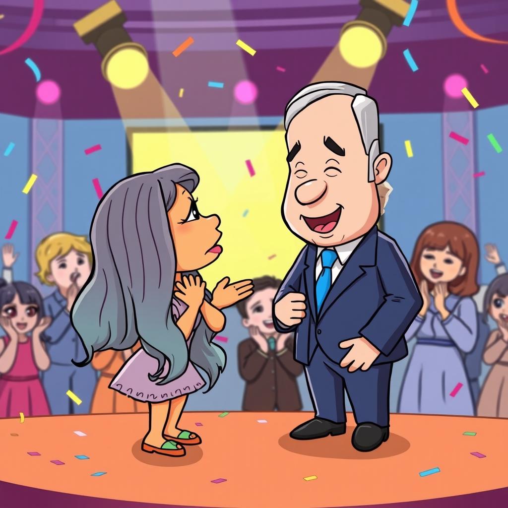 A humorous and whimsical illustration of a puppet character resembling a playful cartoon version of a celebrity known for parody, named Becky G, bowing dramatically and humorously before a cartoonish version of a well-known figure, Benjamin Netanyahu