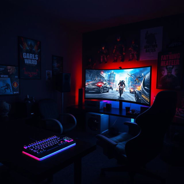 A dark gaming room ambiance, featuring glowing RGB gaming peripherals such as a keyboard and mouse, a large curved gaming monitor displaying an action-packed video game scene, comfortable gaming chair in shadowy corners, posters of popular video games on the walls, dim ambient lighting that creates a mysterious and immersive atmosphere, with scattered gaming merchandise like action figures and collectible items, and a subtle neon glimmer in the background