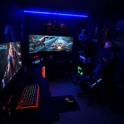 A dark gaming room ambiance, featuring glowing RGB gaming peripherals such as a keyboard and mouse, a large curved gaming monitor displaying an action-packed video game scene, comfortable gaming chair in shadowy corners, posters of popular video games on the walls, dim ambient lighting that creates a mysterious and immersive atmosphere, with scattered gaming merchandise like action figures and collectible items, and a subtle neon glimmer in the background