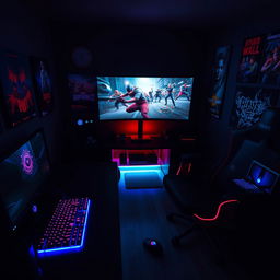 A dark gaming room ambiance, featuring glowing RGB gaming peripherals such as a keyboard and mouse, a large curved gaming monitor displaying an action-packed video game scene, comfortable gaming chair in shadowy corners, posters of popular video games on the walls, dim ambient lighting that creates a mysterious and immersive atmosphere, with scattered gaming merchandise like action figures and collectible items, and a subtle neon glimmer in the background