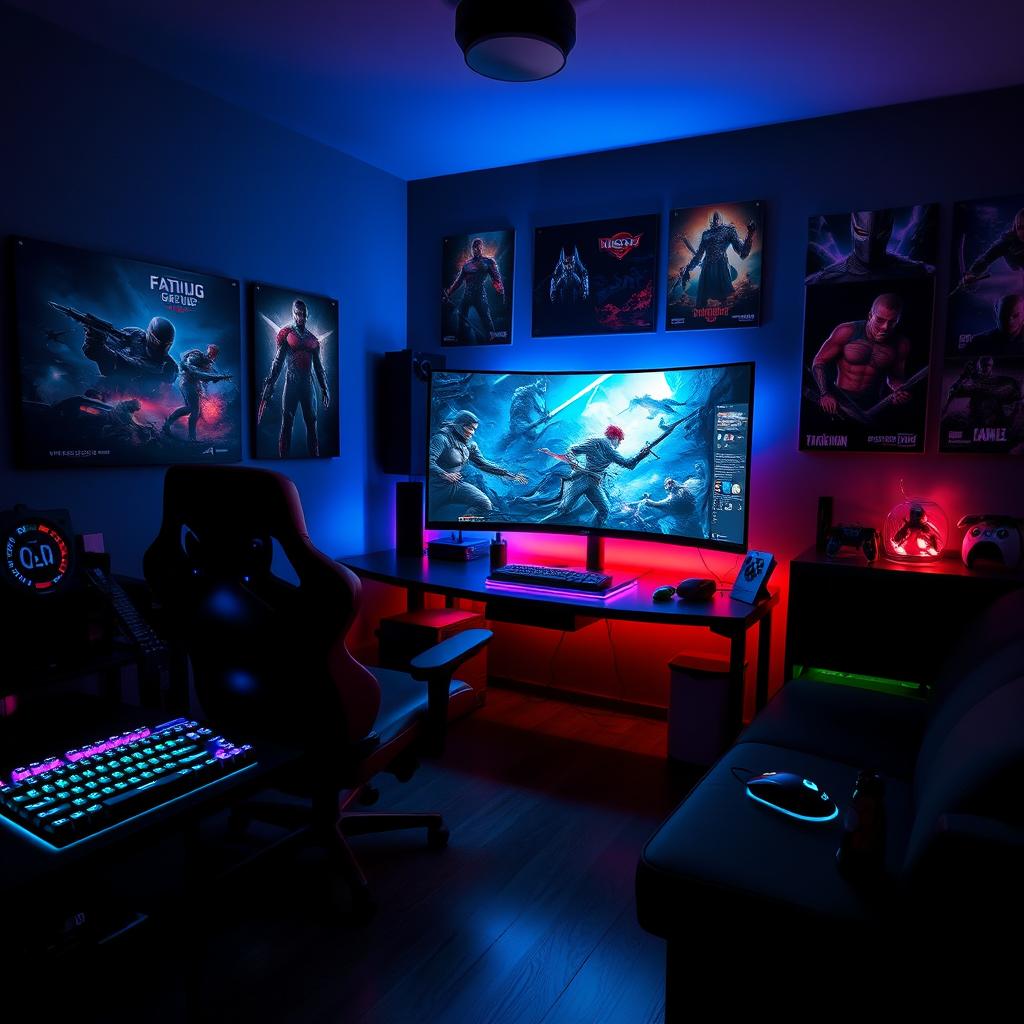 A dark gaming room ambiance, featuring glowing RGB gaming peripherals such as a keyboard and mouse, a large curved gaming monitor displaying an action-packed video game scene, comfortable gaming chair in shadowy corners, posters of popular video games on the walls, dim ambient lighting that creates a mysterious and immersive atmosphere, with scattered gaming merchandise like action figures and collectible items, and a subtle neon glimmer in the background