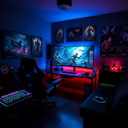 A dark gaming room ambiance, featuring glowing RGB gaming peripherals such as a keyboard and mouse, a large curved gaming monitor displaying an action-packed video game scene, comfortable gaming chair in shadowy corners, posters of popular video games on the walls, dim ambient lighting that creates a mysterious and immersive atmosphere, with scattered gaming merchandise like action figures and collectible items, and a subtle neon glimmer in the background