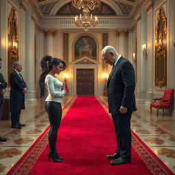 A realistic depiction of a scene where a character resembling a fictional public figure, Becky G, is bowing respectfully before another character modeling after a distinguished leader, Bibi Netanyahu