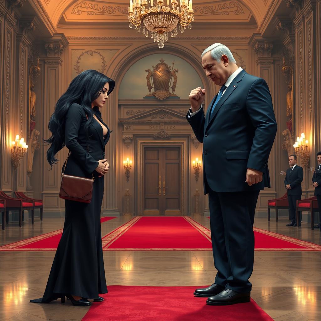 A realistic depiction of a scene where a character resembling a fictional public figure, Becky G, is bowing respectfully before another character modeling after a distinguished leader, Bibi Netanyahu