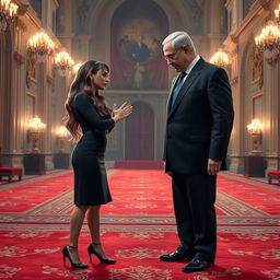 A realistic depiction of a scene where a character resembling a fictional public figure, Becky G, is bowing respectfully before another character modeling after a distinguished leader, Bibi Netanyahu