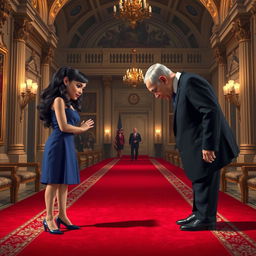 A realistic depiction of a scene where a character resembling a fictional public figure, Becky G, is bowing respectfully before another character modeling after a distinguished leader, Bibi Netanyahu
