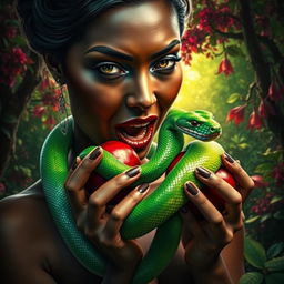A woman with dark skin, exuding an aura of ambition and greed, bites into a shiny red apple