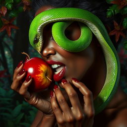 A woman with dark skin, exuding an aura of ambition and greed, bites into a shiny red apple