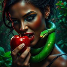 A woman with dark skin, exuding an aura of ambition and greed, bites into a shiny red apple