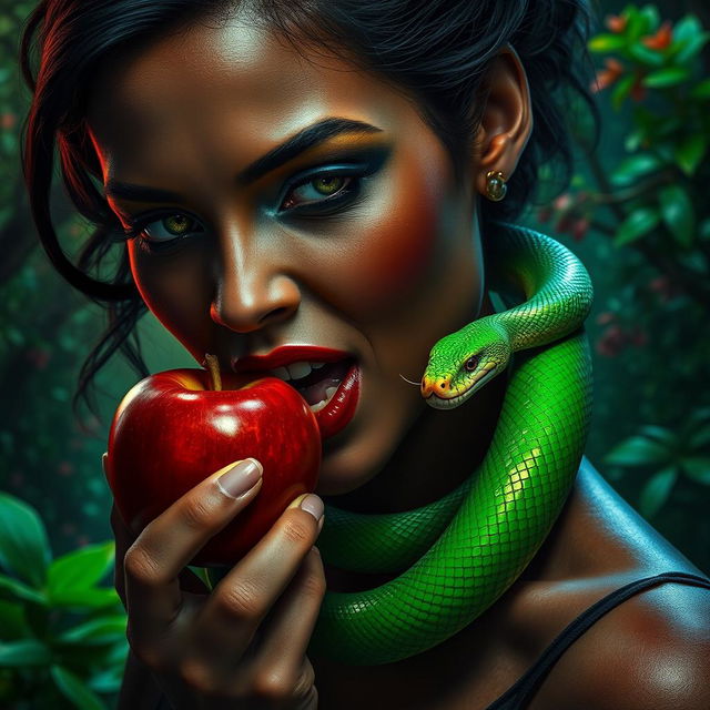 A woman with dark skin, exuding an aura of ambition and greed, bites into a shiny red apple