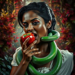 A woman with dark skin, exuding an aura of ambition and greed, bites into a shiny red apple