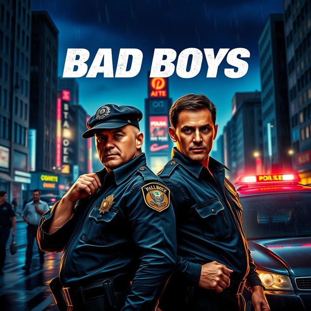 A vibrant movie poster featuring a duo of rugged and charismatic police officers from the gendarmerie, embodying the spirit of 'bad boys