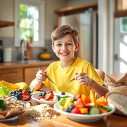 A healthy boy, age 10, happily enjoying a colorful plate of healthy foods, including vibrant fruits like strawberries, blueberries, and bananas, alongside fresh vegetables like carrots and cucumbers
