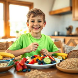 A healthy boy, age 10, happily enjoying a colorful plate of healthy foods, including vibrant fruits like strawberries, blueberries, and bananas, alongside fresh vegetables like carrots and cucumbers