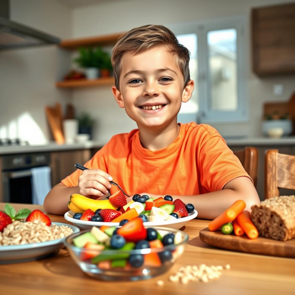 A healthy boy, age 10, happily enjoying a colorful plate of healthy foods, including vibrant fruits like strawberries, blueberries, and bananas, alongside fresh vegetables like carrots and cucumbers