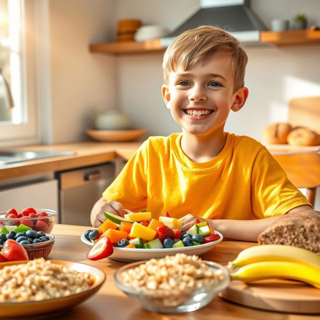 A healthy boy, age 10, happily enjoying a colorful plate of healthy foods, including vibrant fruits like strawberries, blueberries, and bananas, alongside fresh vegetables like carrots and cucumbers