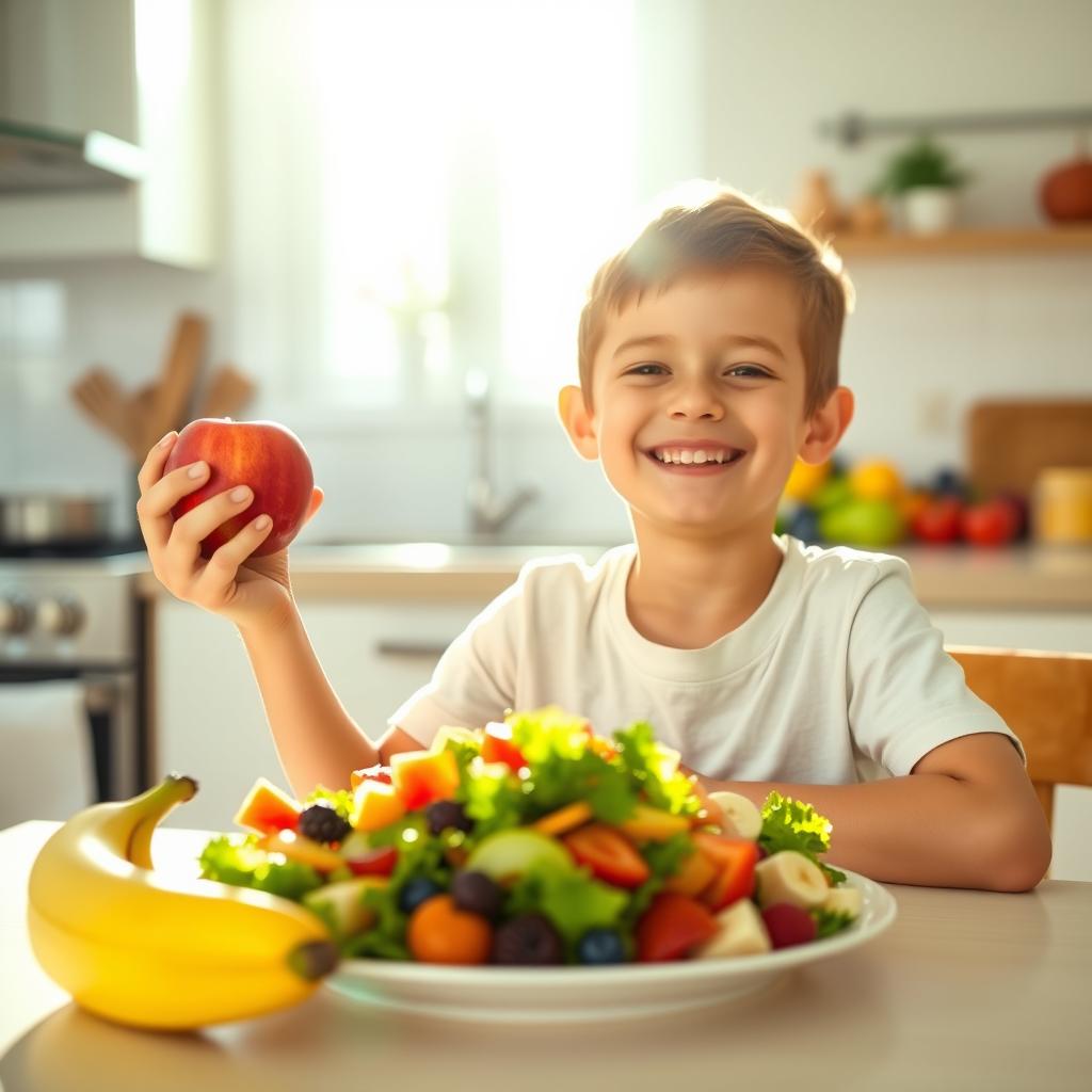 A cheerful healthy boy enjoying an array of colorful fruits and vegetables, sitting at a bright kitchen table