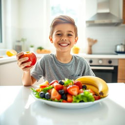 A cheerful healthy boy enjoying an array of colorful fruits and vegetables, sitting at a bright kitchen table
