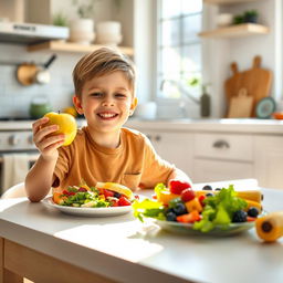 A cheerful healthy boy enjoying an array of colorful fruits and vegetables, sitting at a bright kitchen table