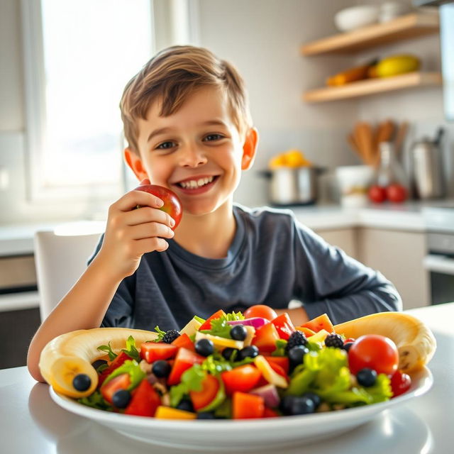 A cheerful healthy boy enjoying an array of colorful fruits and vegetables, sitting at a bright kitchen table