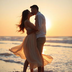 A romantic scene on a sunlit beach with two elegantly dressed adults leaning in for a kiss