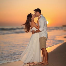 A romantic scene on a sunlit beach with two elegantly dressed adults leaning in for a kiss
