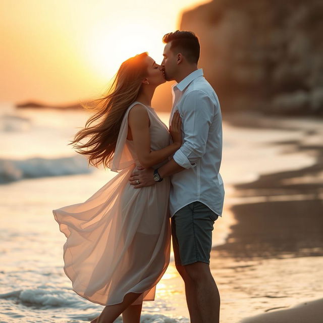 A romantic scene on a sunlit beach with two elegantly dressed adults leaning in for a kiss